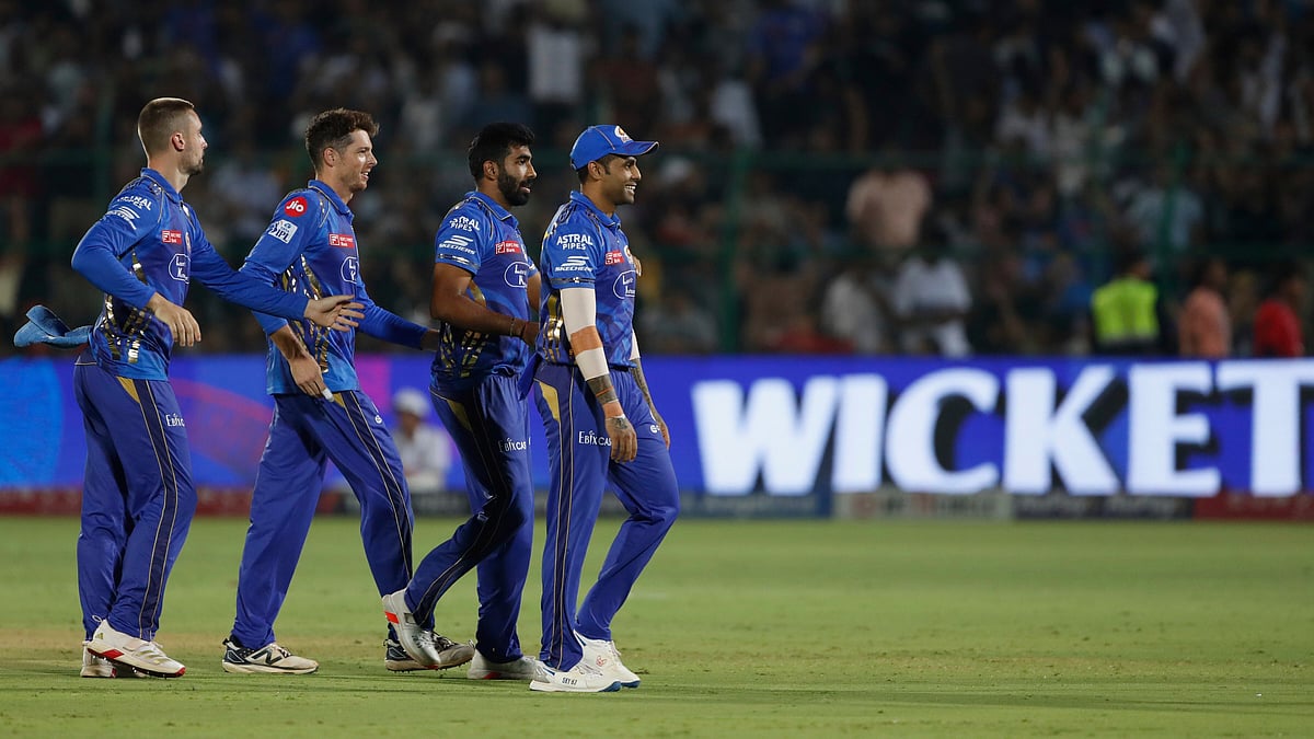 Mumbai Indians Jasprit Bumrah, second right, and teammates celebrate. AP
