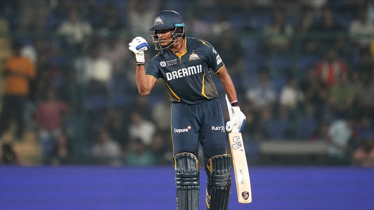 Gujarat Titans Sai Sudharsan celebrates after scoring a century. AP