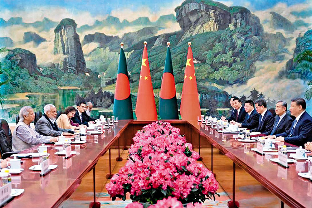 Bangladesh’s Muhammad Yunus with China’s Xi Jinping in Beijing on March 28, 2025