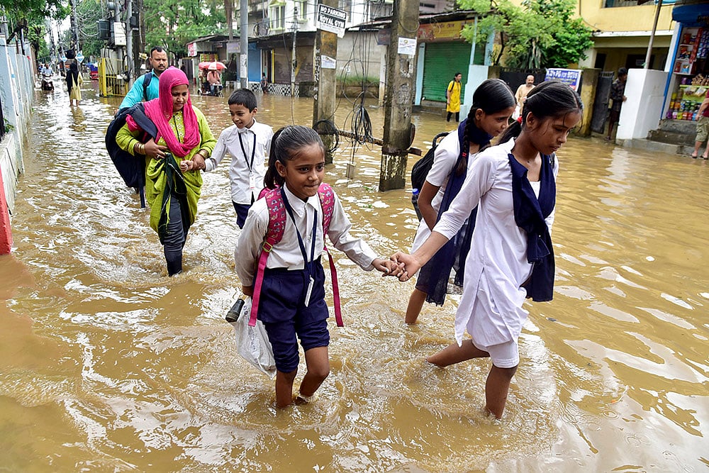Assam Weather: Waterlogging In guwahati after heavy rainfall, School students