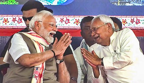Prime Minister Narendra Modi and Bihar's Chief Minister Nitish Kumar in a campaigning rally on May 30, 2025.