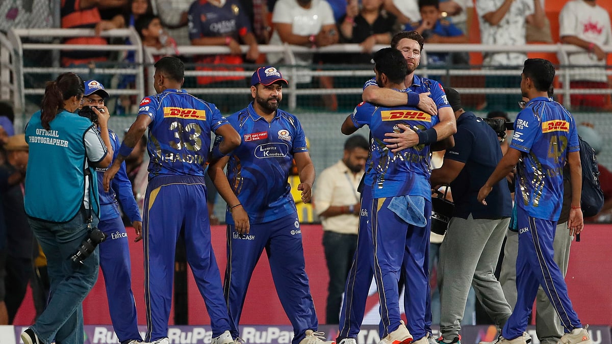 (AP Photo) : Mumbai Indians' players celebrate after their win in the Indian Premier League eliminator cricket match against Gujarat Titans at Maharaja Yadavindra Singh Cricket Stadium in Mohali, India, Friday, May 30, 2025. 


