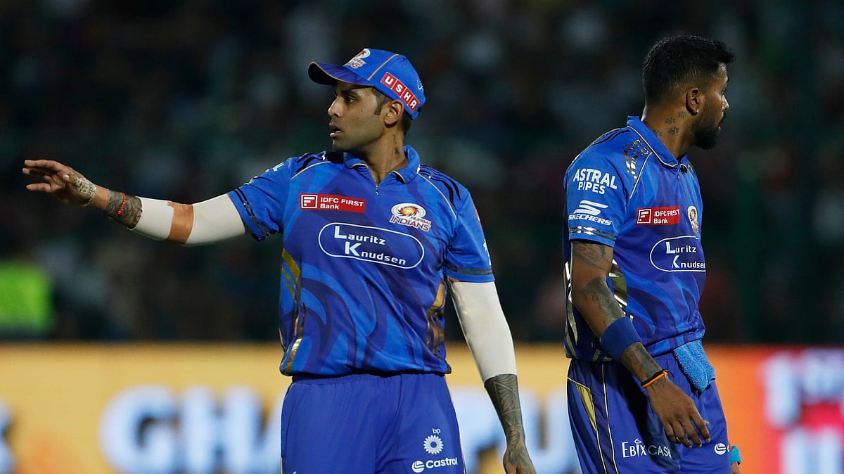Mumbai Indians' Suryakumar Yadav, left, and captain Hardik Pandya during the Indian Premier League cricket match between Punjab Kings and Mumbai Indians at Sawai Mansingh Stadium in Jaipur, India, Monday, May 26, 2025.  - | PhotO: AP/Surjeet Yadav