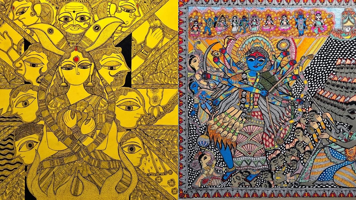 Artwork to the left: by Aakriti Jha, Artwork to the right by: Swati Kashyap  : Sita Reimagined : Vaidehi Utsav Exhibition Review