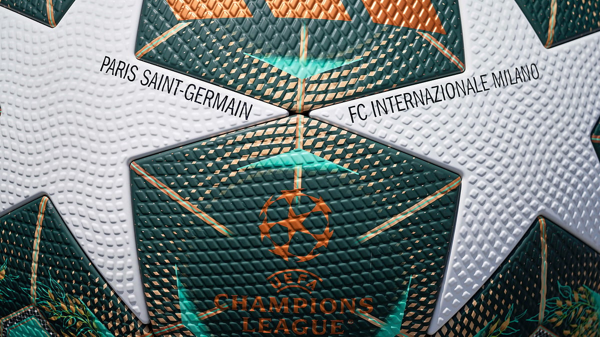 A large replica of the official match ball is placed at the Allianz Arena grounds on the eve of the UEFA Champions League 2025 final. Paris Saint-Germain take on Inter Milan in the UCL final on May 31, 2025. - AP/Matthias Schrader