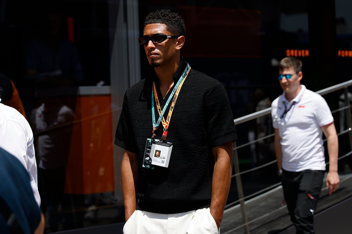 England soccer playerJude Bellingham walks through the paddock before the Spanish Grand Prix Formula One race at the Barcelona Catalunya racetrack in Montmelo, near Barcelona, Spain, Sunday, June 1, 2025. 