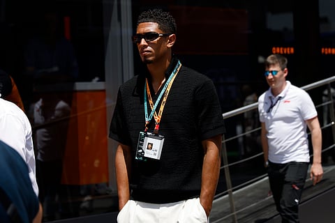 England soccer playerJude Bellingham walks through the paddock before the Spanish Grand Prix Formula One race at the Barcelona Catalunya racetrack in Montmelo, near Barcelona, Spain, Sunday, June 1, 2025. 