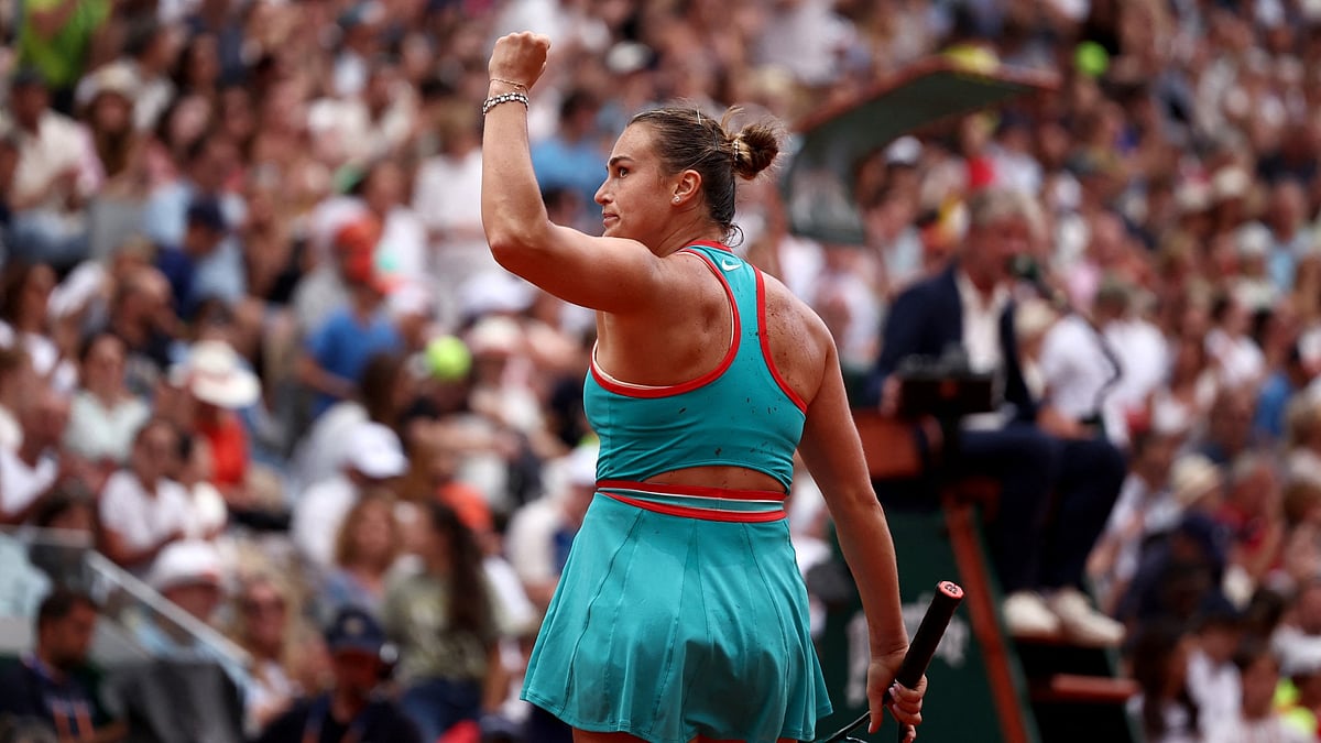 File : File photo of Aryna Sabalenka celebrating at the French Open 2025.