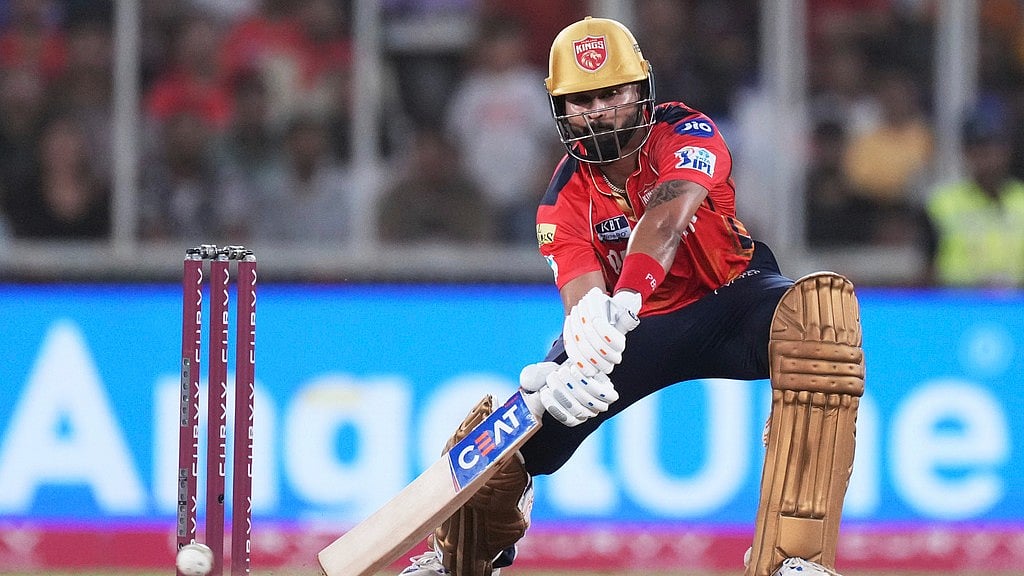 Photo: AP : Punjab Kings' captain Shreyas Iyer plays a shot during the Indian Premier League 2025 Qualifier 2 match against Mumbai Indians at Narendra Modi Stadium in Ahmedabad.