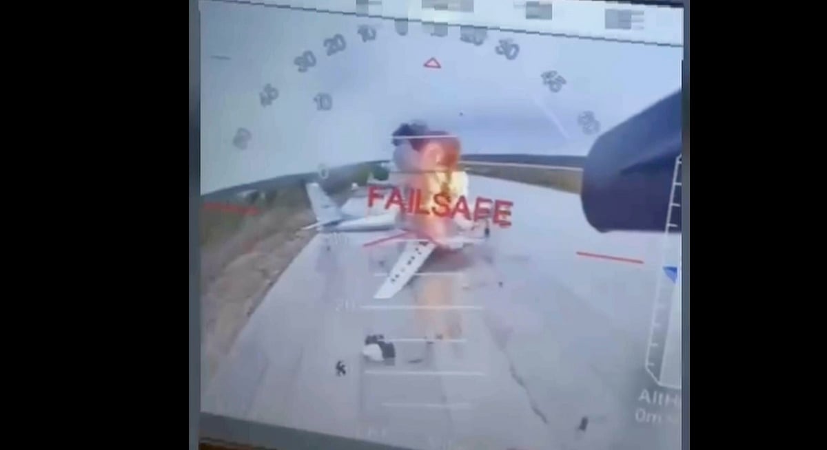 Source in the Ukrainian Security Service via AP : In this image taken from video released June 1, 2025, by a source in the Ukrainian Security Service shows a Ukrainian drone striking Russian planes deep in Russia's territory. 