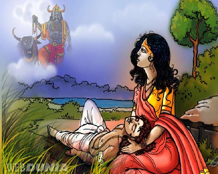 Savitri seated next to dying Shravan while Lord Yamraj arrives to take his soul