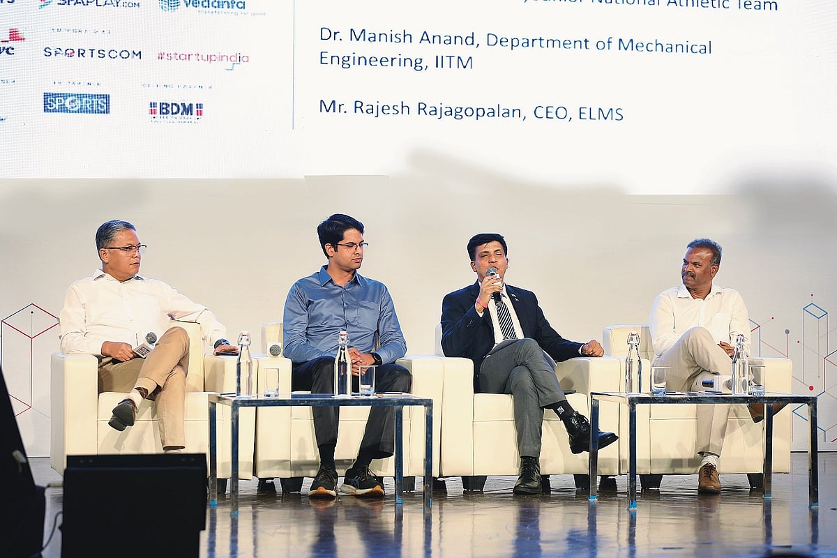 Mr. Rajesh Rajagopalan, CEO, ELMS; Dr. Manish Anand, Department of Mechanical Engineering, IITM; Brig. Dr. Bibhu Kalyan Nayak, Director in-charge and Head, NCSSR (Moderator); Shri. Ramesh Nagapuri, Dronacharya Awardee, HPD Athletics & Chief Coach, Junior National Athletic Team