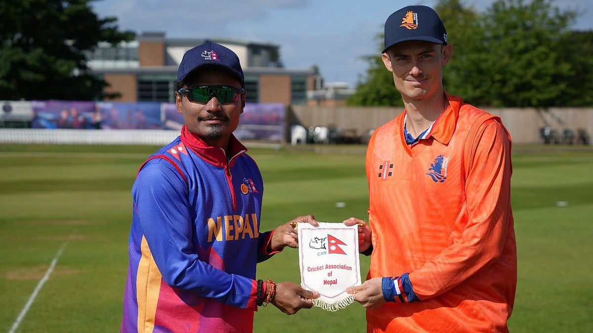 | Photo: X/CricketNep : Nepal captain Rohit Paudel with Netherlands captain Scott Edwards ahead of the ICC Cricket World Cup League Two match.