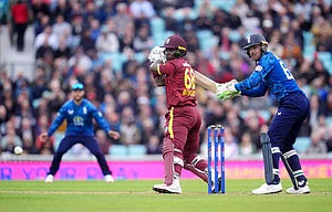 | Photo: AP/Adam Davy : West Indies' Sherfane Rutherford bats during the third One Day International cricket match between West Indies and England at Oval, London, Tuesday June 3, 2025.