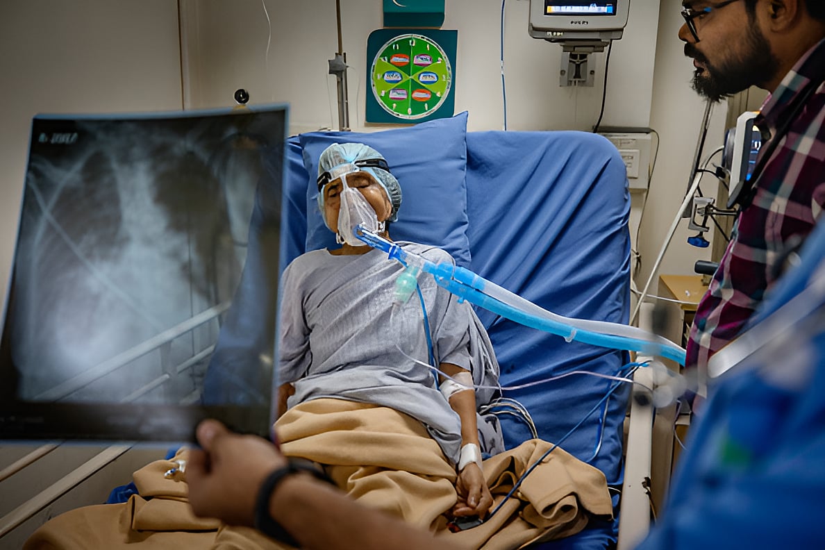 Photo by Jonas Gratzer/LightRocket via Getty Images : Inside the Fortis hospital, in Kolkata, an elderly woman has been hospitalized urgently due to a lung infection. When the air is more polluted the number of patients with respiratory illnesses and symptoms increases. According to the World Economic Forum, in 2020, India was home to six out of 10 of the world's most polluted cities. A majority of India's energy production comes from fossil fuels. 


