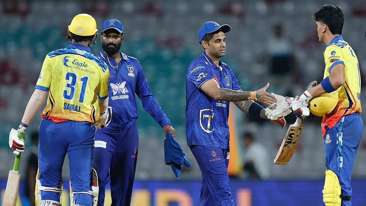 Triumph KnightS Mumbai North East player Suryakumar Yadav congratulates Eagle Thane Strikers players during the T20 Mumbai League 2025. - | Photo: Instagram/triumphknightsmumbainortheast