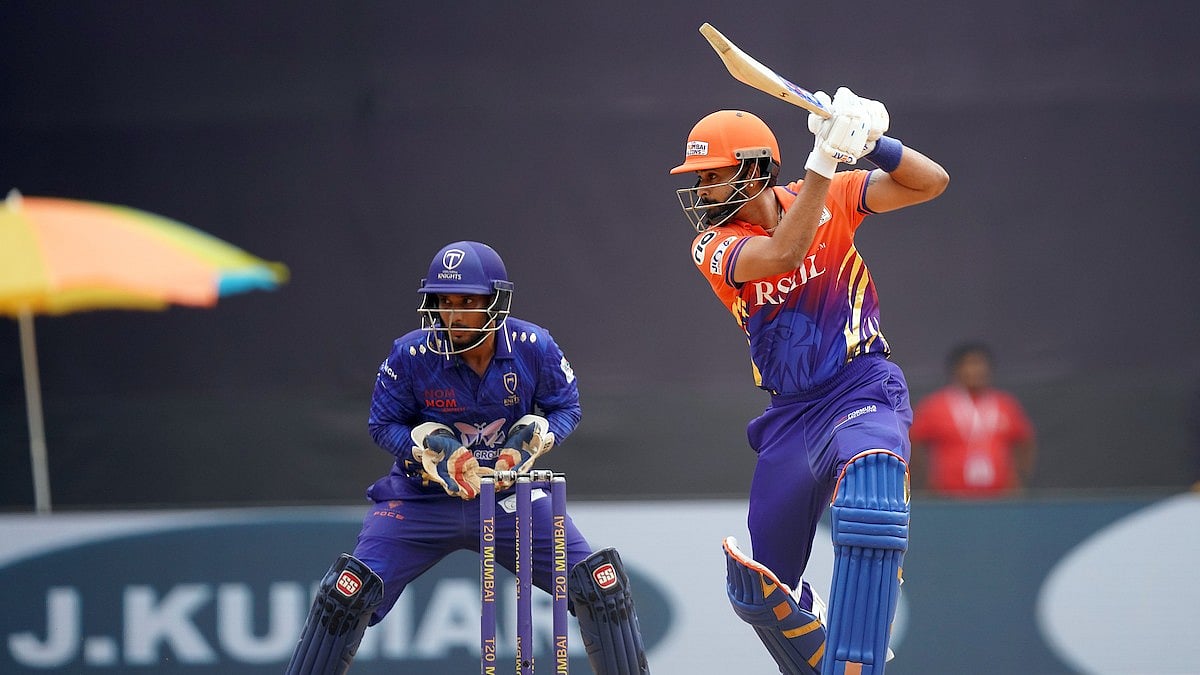 Photo: Special Arrangement : Shreyas Iyer of Sobo Mumbai Falcons plays a shot during match 10 of the T20 Mumbai 2025 between Sobo Mumbai Falcons and Triumph Knights Mumbai North East.