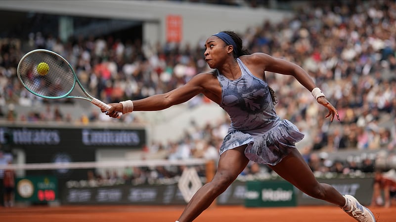 Coco Gauff of the U.S. plays a shot against Aryna Sabalenka of Belarus. AP