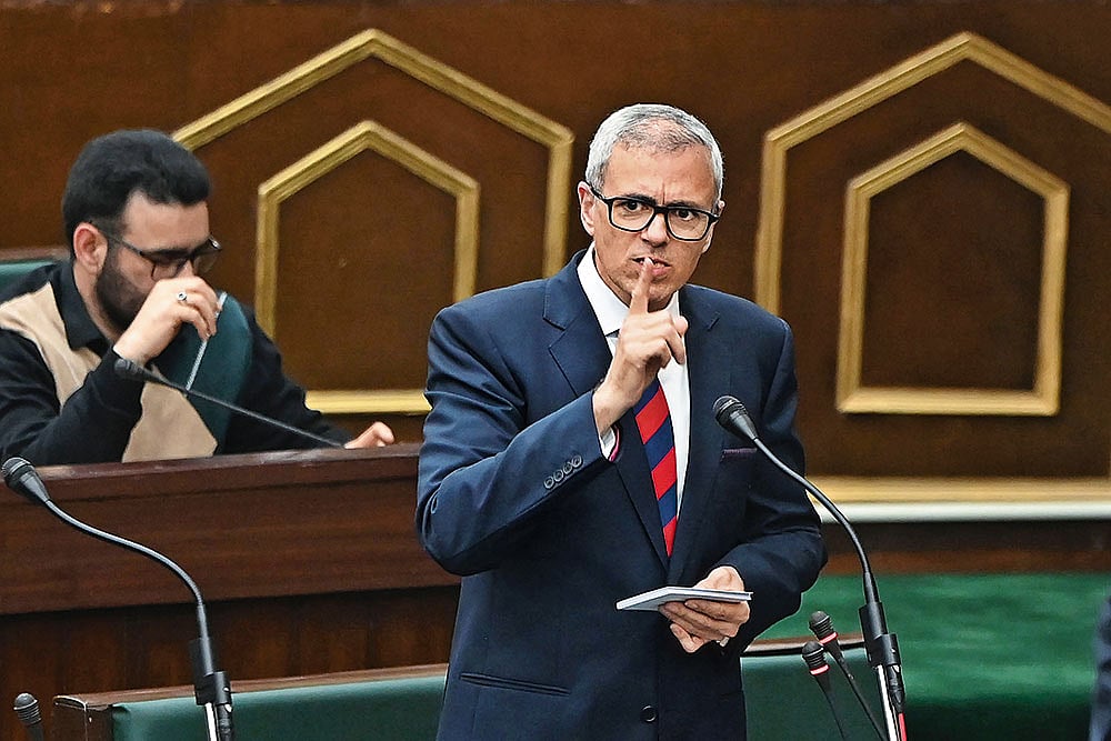 Getty Images; Representative image : Taking Charge: Omar Abdullah speaks during the Budget session of the Jammu and Kashmir Assembly
on March 6