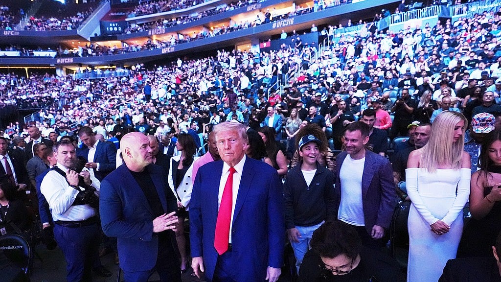 President Donald Trump attends the UFC-316 mixed martial arts event, at the Prudential Center, Saturday, June 7, 2025, in Newark, N.J., as UFC's Dana White, looks on.  - (AP Photo/Frank Franklin II)