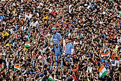 | Photo: Getty Images : The Big Win: Crowd cheering for Virat Kohli and Rohit Sharma after India beat South Africa in the T20 World Cup finals in 2024