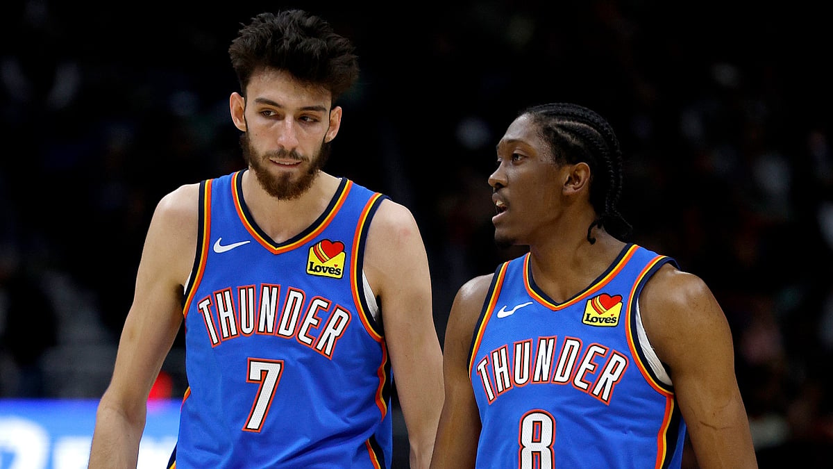 Oklahoma City Thunder's Chet Holmgren and Jalen Williams