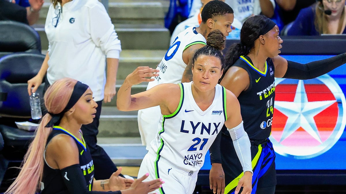 Minnesota Lynx guard Kayla McBride reacts after a basket vs. the Dallas Wings on June 8, 2025. - null