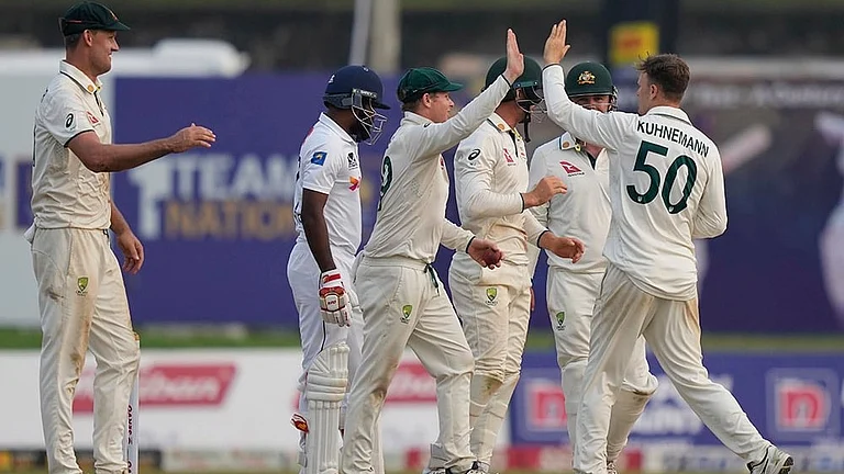 SL Vs AUS, 2nd Test Day 3: Australia's Matthew Kuhnemann celebrates the wicket of Sri Lanka's Prabath Jayasuriya - | Photo: AP/Eranga Jayawardena