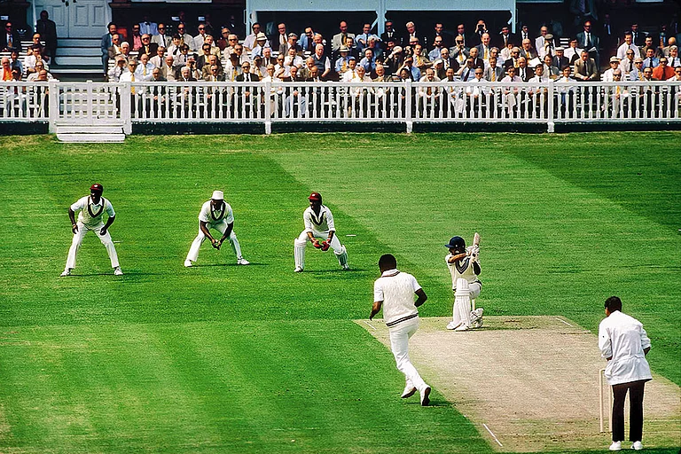 Turning Point: K Srikkanth drives Andy Roberts in the final of the World Cup against West Indies at the Lord’s Cricket Ground on June 25, 1983 - | Photo: Patrick Eagar