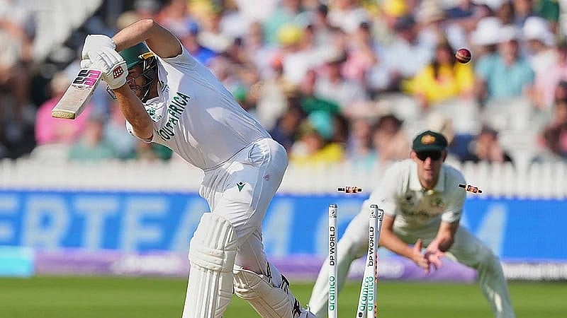 AP : South Africa's Wiaan Mulder is bowled out by Australia's captain Pat Cummins during the World Test Championship final