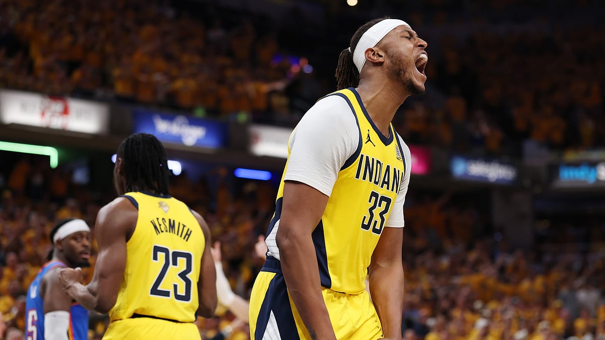 Myles Turner of the Indiana Pacers reacts  against the Oklahoma City Thunder