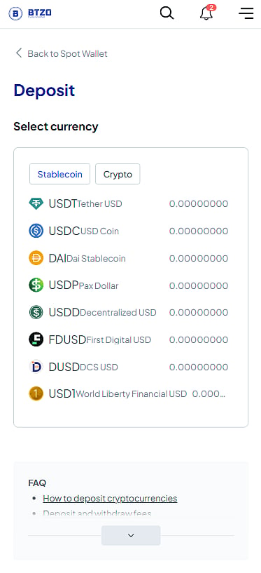 Deposit section on BTZO platform on a mobile screen