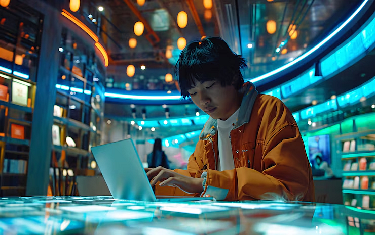 A young man working on a laptop