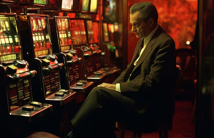 A well-dressed man sitting alone in a dimly lit casino area