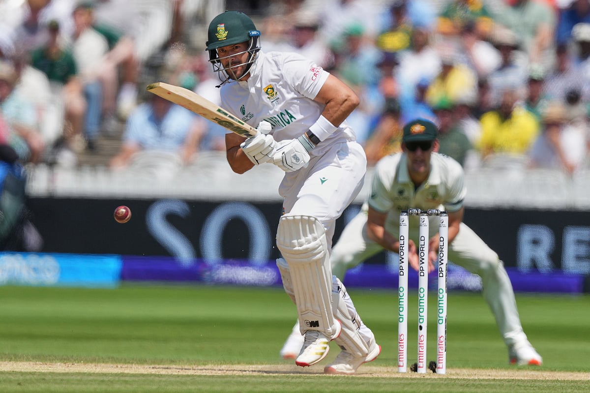 | Photo: (AP Photo/Kirsty Wigglesworth) : South Africa's Aiden Markram bats on day three of the World Test Championship final between South Africa and Australia at Lord's cricket ground in London 