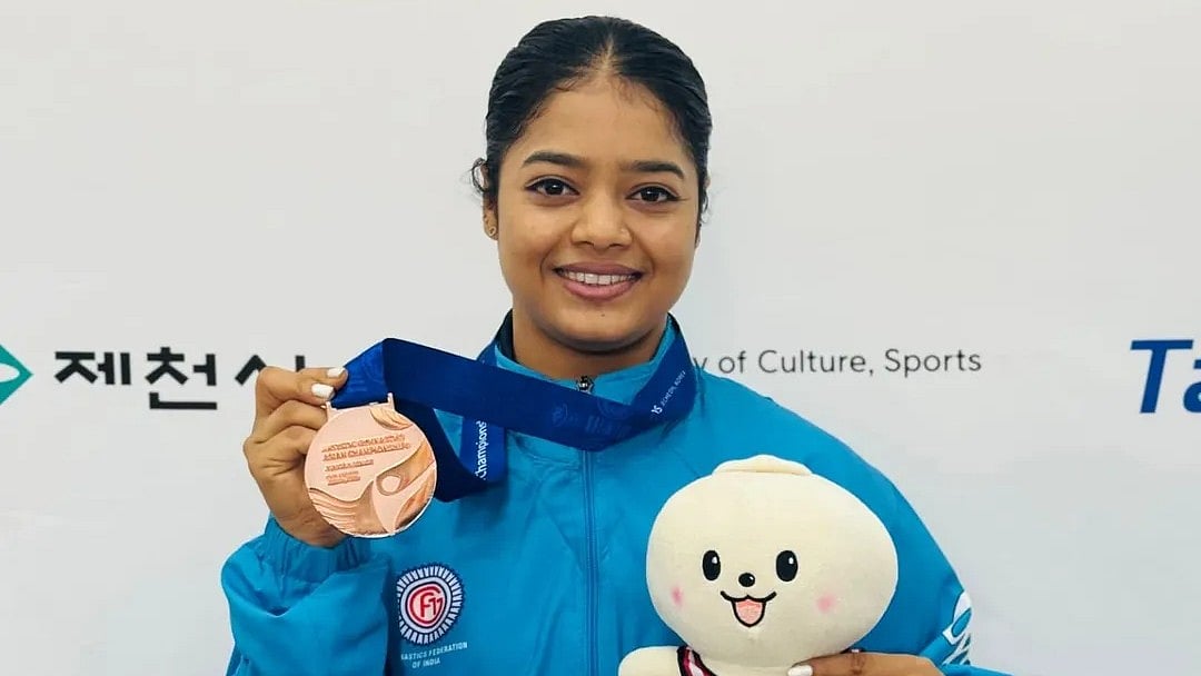Instagram/gymnasticshpc : Pranati Nayak celebrates with her bronze medal at the Asian Artistic Gymnastics Championships in Jecheon, South Korea.