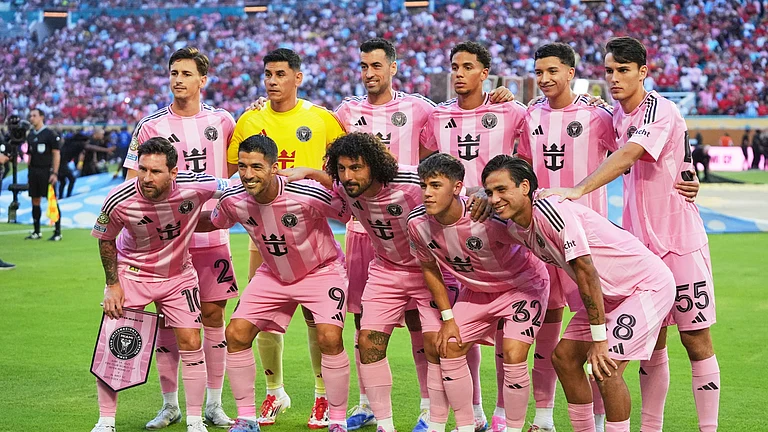 Inter Miami pose for a team photo ahead of the Club World Cup group A soccer match between Al Ahly and Inter Miami in Miami, Fla., Saturday, June 14, 2025. - (AP Photo/Lynne Sladky)