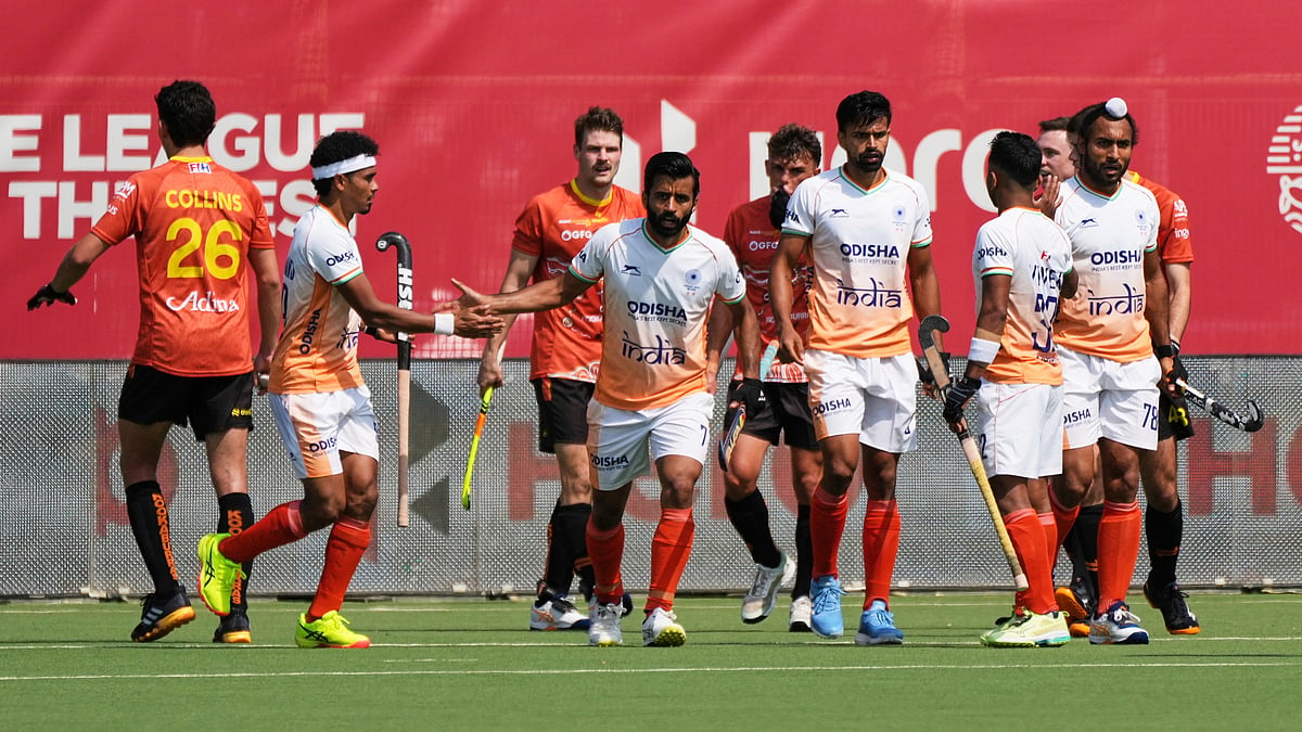| Photo: AP/Virginia Mayo : Players celebrate after India's Dilpreet Singh scored his sides second goal during the FIH Hockey Pro League game between India and Australia at the Wilrijkse Plein in Antwerp, Belgium, Sunday, June 15, 2025.