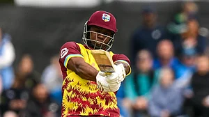 Evin Lewis in action for West Indies against Ireland.