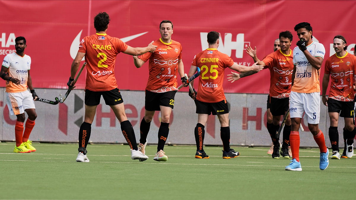 | Photo: APVirginia Mayo : Players celebrate after Australia's Tim Brand scored during the FIH Hockey Pro League game between India and Australia at the Wilrijkse Plein in Antwerp, Belgium, Sunday, June 15, 2025.