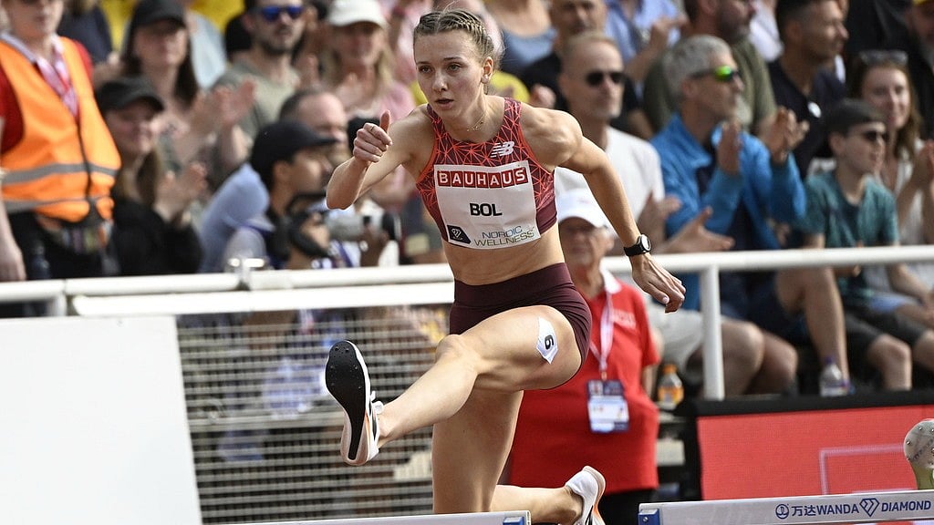 Photo: Fredrik Sandberg/TT News Agency via AP : Femke Bol wins the women's 400m hurdles during the Diamond League Bauhaus Athletics Gala at Stockholm Stadium, Sweden.