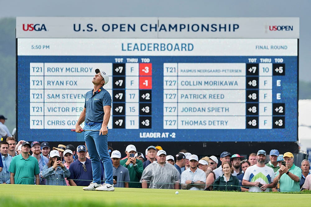 Viktor Hovland, of Norway, reacts after missing a putt on the ninth hole 