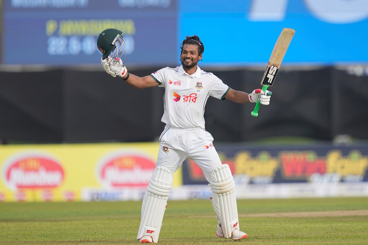  | Photo: (AP Photo/Eranga Jayawardena) : Bangladesh's captain Najmul Hossain Shanto celebrates his century during the first day of the first cricket test match between Sri Lanka and Bangladesh in Galle, Sri Lanka