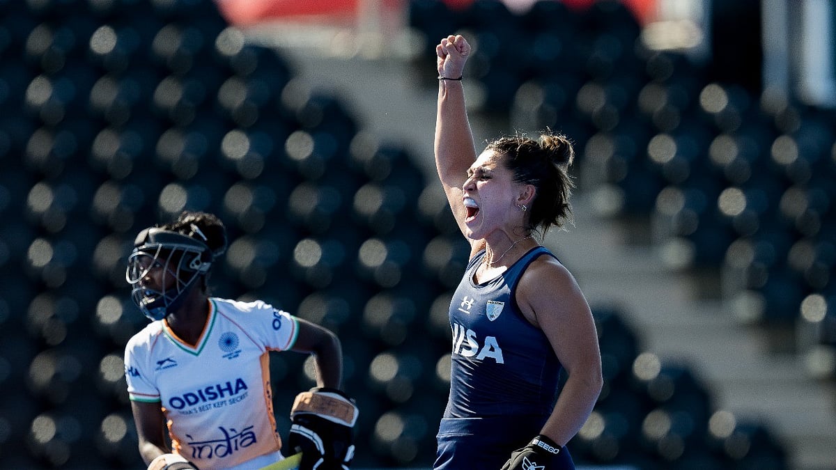 Hockey India : Argentine player celebrates goal against India at FIH Women’s Pro League 2024–25.