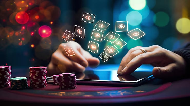casino coins and 2 hand on phone