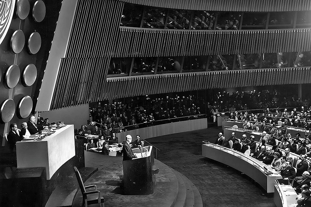 | Photo:United Nations/IAEA : Over the Years: Former US President Eisenhower speaking at the UN in 1953. The US’ Atoms for Peace programme helped Iran develop civilian nuclear technology