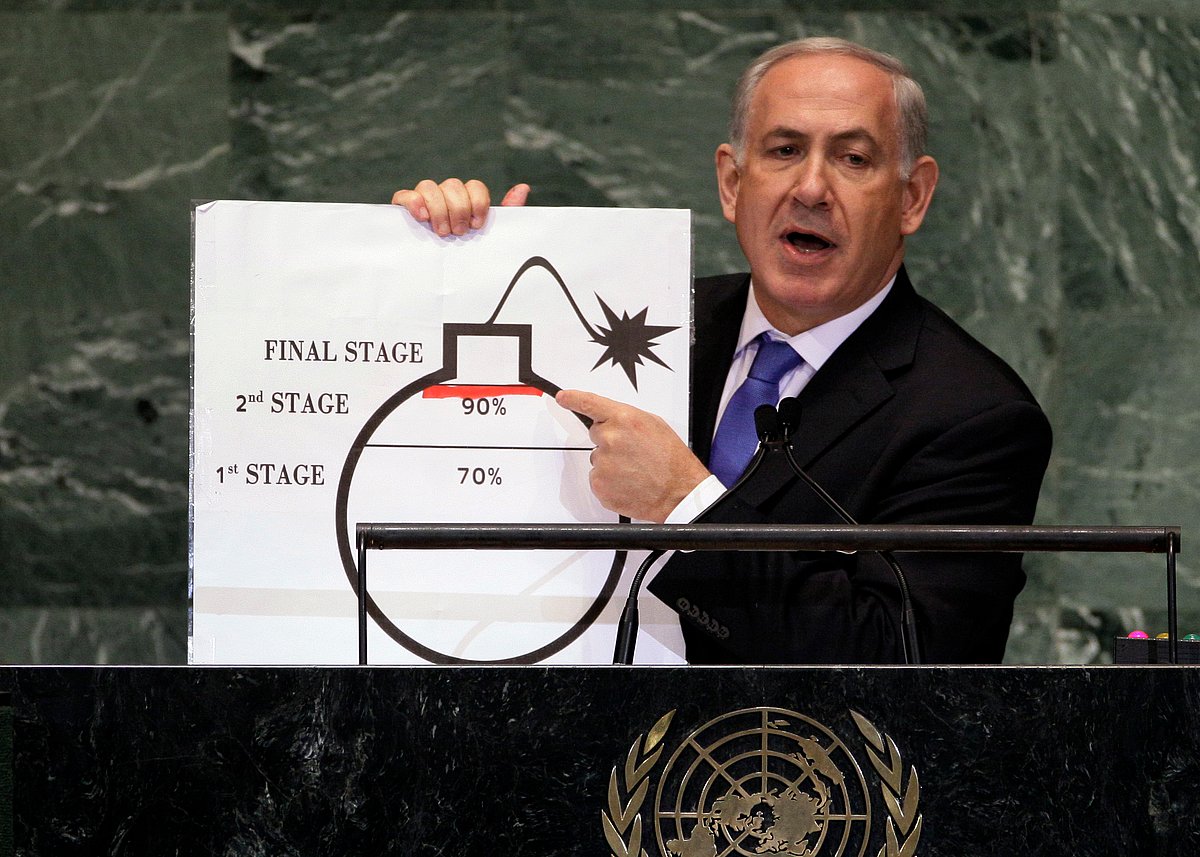 AP Photo/Richard Drew, File : In this Sept. 27, 2012 file photo, Israeli Prime Minister Benjamin Netanyahu shows an illustration as he describes his concerns over Iran's nuclear ambitions during his address to the 67th session of the United Nations General Assembly at U.N. headquarters