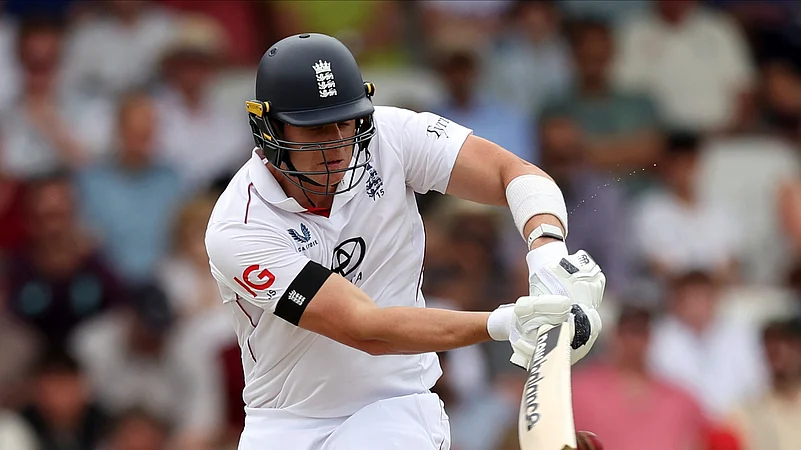 Englands Jamie Smith plays a shot during day three of the first cricket test. AP