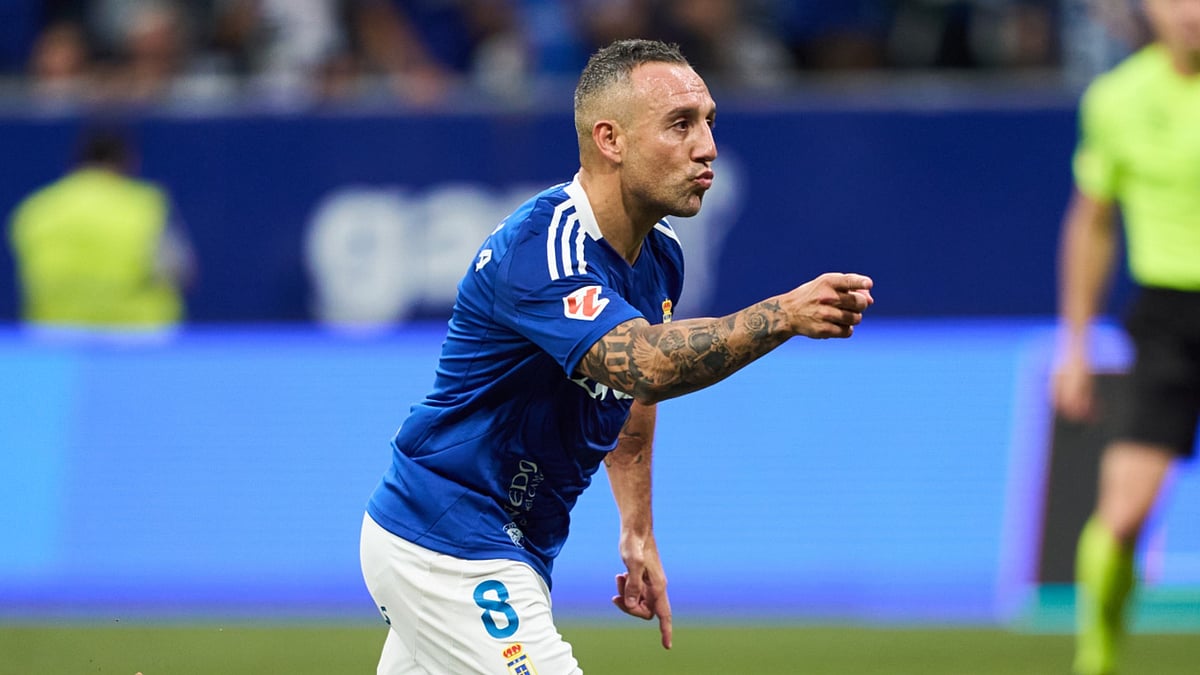 Santi Cazorla celebrates his goal for Real Oviedo on Saturday