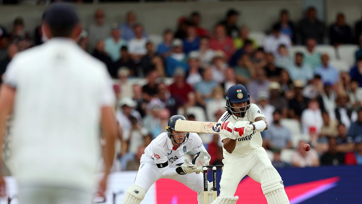 Indias KL Rahul plays a shot during day three of the first cricket test match. AP